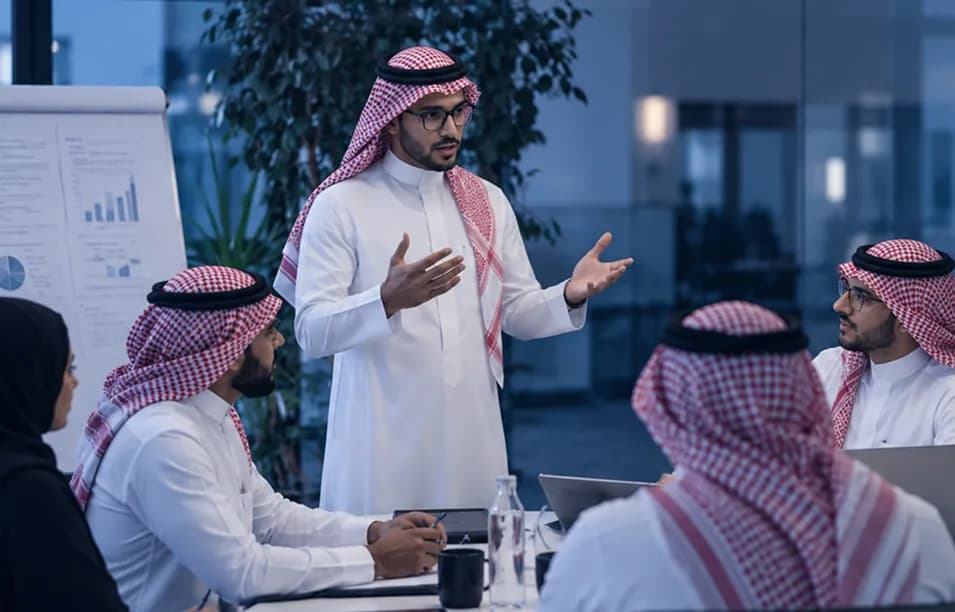 Company presentation being read by investors.